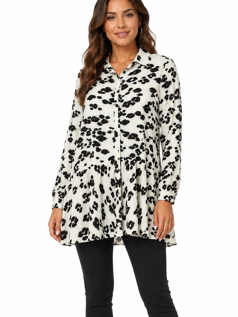 Entro Animal Print Button Front Long Sleeve Flowy Oversized Tunic Top